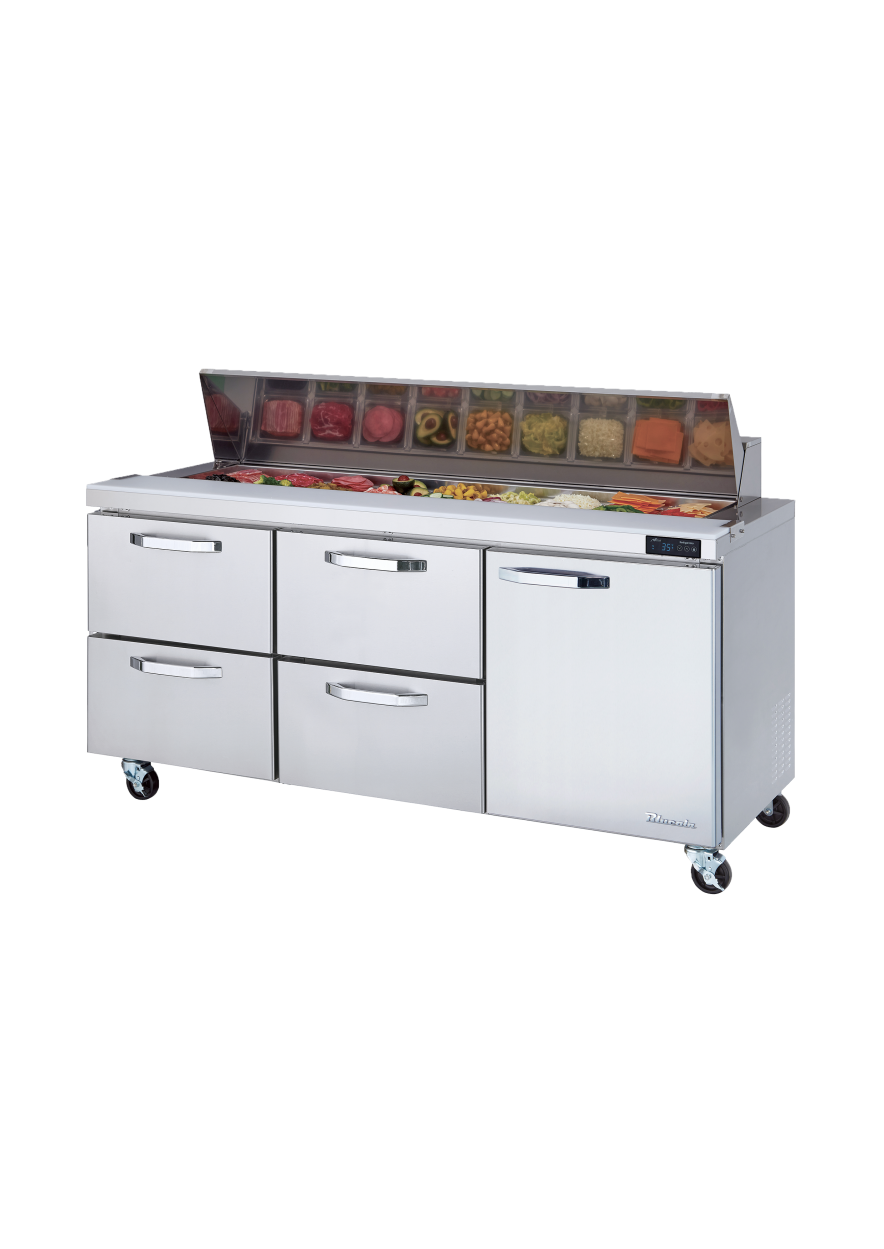 Prep Table Drawer Model - 4 Drawers 1 Door (R) All Stainless Prep Table with (18) 1/6 Pans - 72"W, 20 Cu./Ft., R-290 Refrigerant, Blue Air-FSE