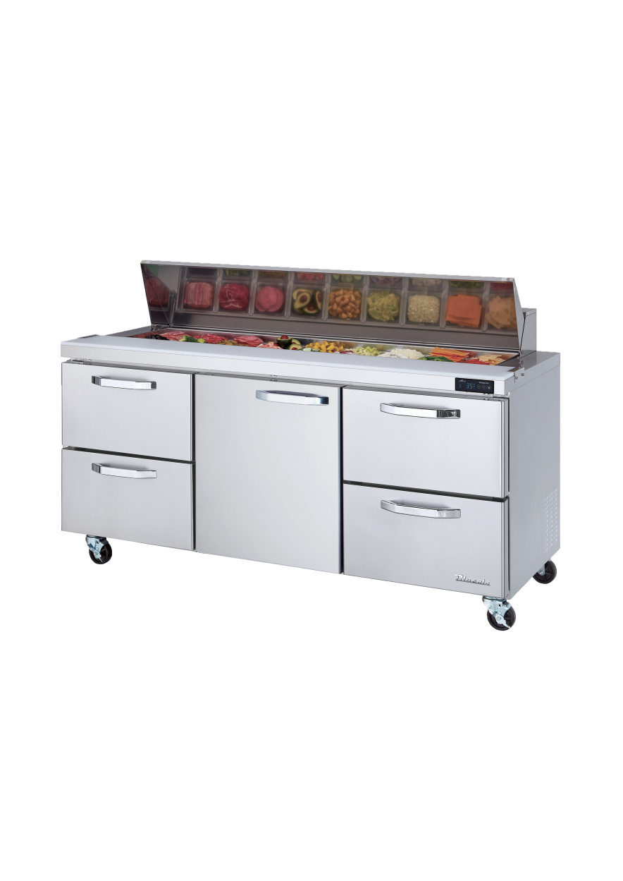 Prep Table Drawer Model - 4 Drawers 1 Door (M) All Stainless Prep Table with (18) 1/6 Pans - 72"W, 20 Cu./Ft., R-290 Refrigerant, Blue Air-FSE