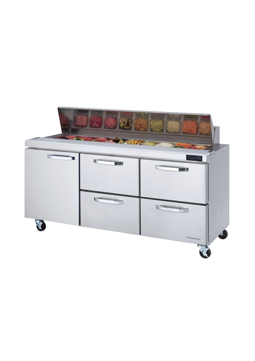 Prep Table Drawer Model - 4 Drawers 1 Door (L) All Stainless Prep Table with (18) 1/6 Pans - 72"W, 20 Cu./Ft., R-290 Refrigerant, Blue Air-FSE