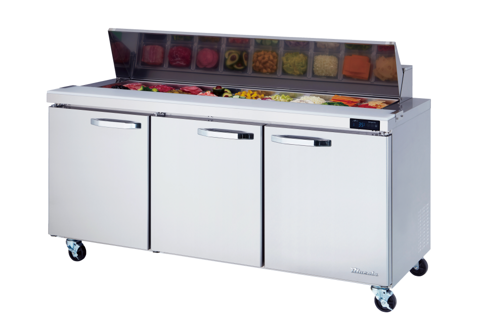 Prep Table - 3 Doors All Stainless Prep Table with (18) 1/6 Pans - 72"W, 20 Cu./Ft., R-290 Refrigerant, Blue Air-FSE