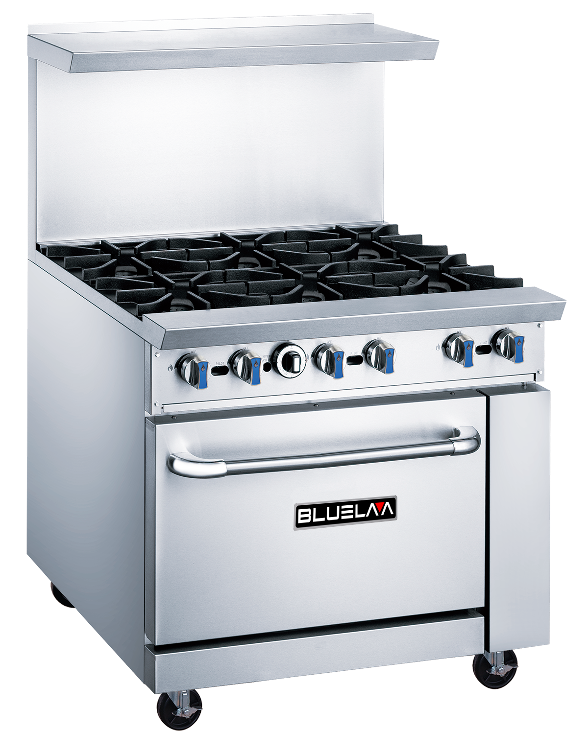 Range - Heavy Duty, (6) Open Burners, Gas (36"W x 31-1/2"D x 56"H), Hot Plate (180,000 BTU - LPG / 198,000 BTU - NG), Oven (35,000 BTU)/H, Blue Air-FSE