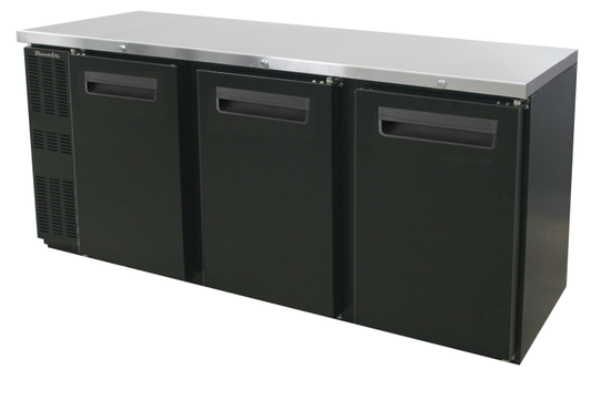 Narrow Back Bar - 3 Doors Narrow Back Bar Cooler, Black Finish Exterior, 72-1/4"W x 24"D, R-290 Refrigerant, Blue Air-FSE