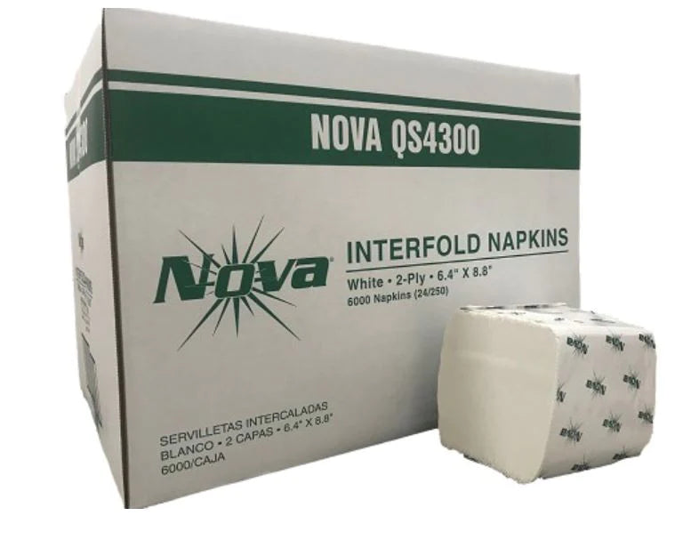 Nova Interfold Dispenser Napkin 6.4" x 8.8" 1/2 Fold 2 ply - White 24 / 250 cs